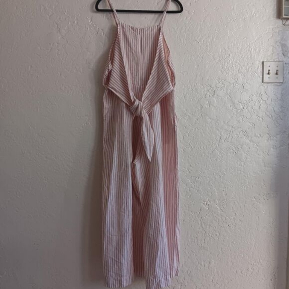 Madewell womens tie waist crop wide leg jumpsuit sz 12 striped linen blend